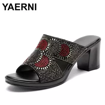 YAERNI/женские тапочки, женские летние тапочки из натуральной кожи, женская обувь на высоком каблуке, модная летняя обувь со стразами