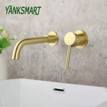 YANKSMART Золотой Матовый кран для ванной, раковины, кран для раковины, настенный кран с одной ручкой, смеситель холодной и горячей воды, водопроводный кран