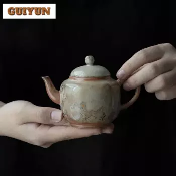 Японский фарфоровый чайник с чернилами на древесном фоне, горшок в стиле ретро из керамики, чайник для китайского чайного приготовления, аксессуары для чайной церемонии, рукоделие