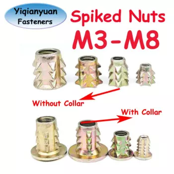 Гайки с шипами Yiqianyuan M3-M8, оцинкованные мебельные гайки из углеродистой стали, деревянные вставные гайки с воротником и без воротника
