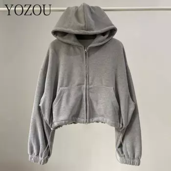 [YOZOU] винтажная серая черная однотонная укороченная толстовка с капюшоном на молнии, женский топ, пальто, куртка, уличная одежда в Корейском стиле