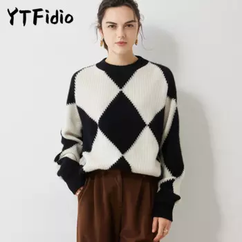 YTFidio 100% кашемировый Женский О-образный вырез черно-белый лоскутный свитер в клетку со стразами свободный мягкий теплый вязаный Топ пуловеры 31