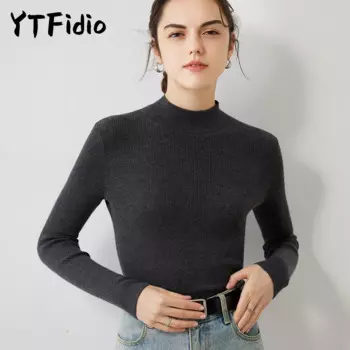 YTFidio 100% кашемировый женский полосатый пуловер с коротким высоким воротом с ложным воротником тонкий однотонный мягкий теплый эластичный пуловер 54