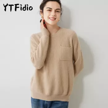 YTFidio 100% кашемировый женский свитер с круглым вырезом с карманами мягкие теплые Повседневные свитера однотонные вязаные топы пуловеры Джемперы 27