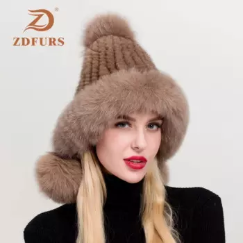 ZDFURS * женская зимняя вязаная шапка из меха норки с застежкой для ушей из лисьего меха