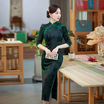 Зеленые китайские традиционные платья Qipao, длинные элегантные женские платья, Новые осенне-зимние платья Qipaos с цветочным принтом, платья с воротником-стойкой