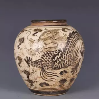Желтая тановая античная ваза Song Dynasty с китайским драконом, винтажная Восточная ваза с ручной росписью, цветная фарфоровая ваза с чернилами, 24 см