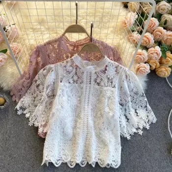 Женская ажурная жаккардовая рубашка с коротким рукавом и круглым вырезом