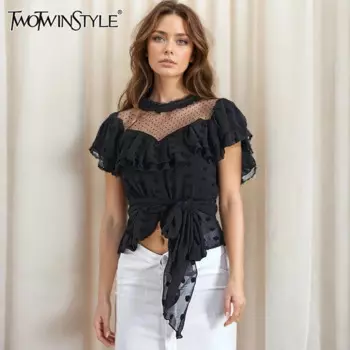 Женская блузка с оборками TWOTWINSTYLE, однотонная сетчатая блузка с круглым вырезом, без рукавов, с открытой спиной
