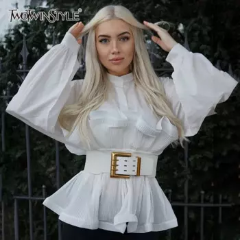 Женская блузка с рюшами TWOTWINSTYLE, составного кроя, с воротником-стойкой, длинным рукавом, в Корейском стиле