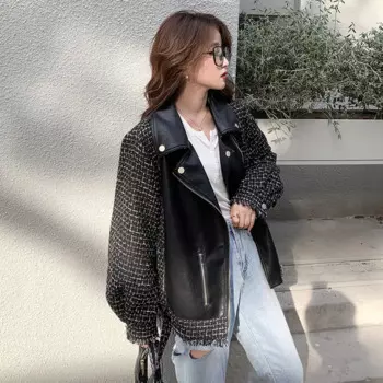 Женская кожаная куртка, модная шикарная весенне-осенняя стильная маленькая Очаровательная твидовая простроченная куртка из искусственной кожи, свободная короткая куртка