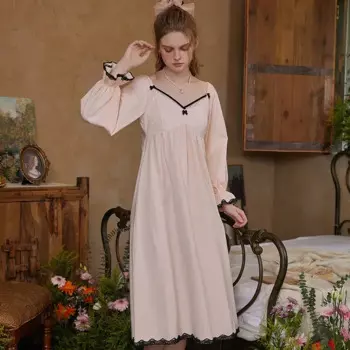 Женская кружевная длинная ночная рубашка, Однотонная ночная рубашка, романтичная ночная рубашка принцессы, одежда для сна, милая Осенняя хлопковая ночная рубашка