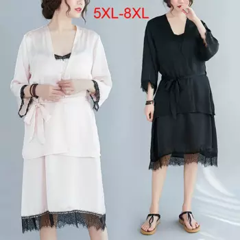 Женская летняя Ночная сорочка на бретелях, обхват груди 136 см, 5XL, 6XL, 7XL, 8XL, тонкая кружевная ночная сорочка из двух предметов черного, розового цветов