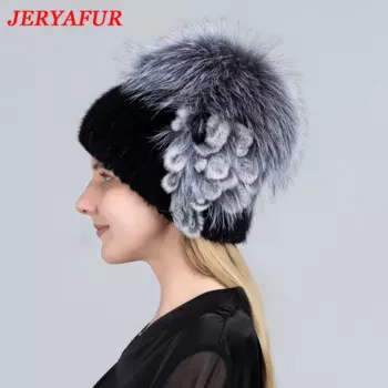 Женская меховая шапка JERYAFUR, пушистые зимние теплые вязаные шапки из натурального меха норки, модные шапки-топы, женские шапки из натурального меха