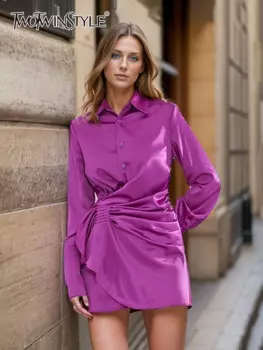 Женская однотонная блузка TWOTWINSTYLE, Повседневная Свободная однобортная блузка составного кроя с отложным воротником и длинными рукавами