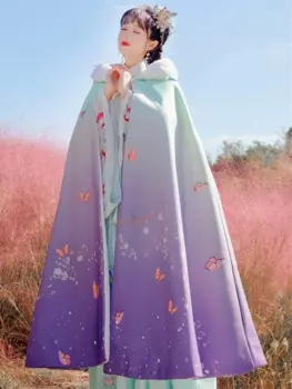 Женская осенне-зимняя накидка Hanfu в китайском стиле, традиционная накидка с капюшоном и принтом бабочек, винтажное пальто принцессы