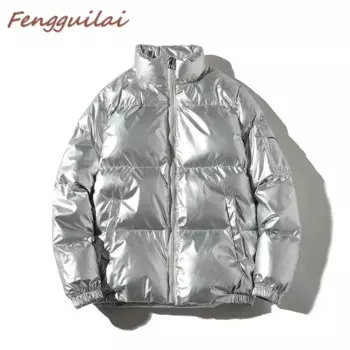 Женская парка из искусственной кожи FENGGUILAI, черная элегантная хлопковая куртка на молнии, пальто из искусственной серебристой кожи, для мужчин и женщин