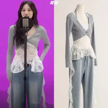Женская певица Kpop, концертная одежда, короткий вязаный свитер с лямкой на шее, сексуальные кружевные топы, костюм для джазового танца, одежда для ночного клуба, сценического выступления