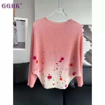 Женская плиссированная футболка GGHK, Повседневная Свободная футболка большого размера с круглым вырезом и рукавом летучая мышь, с принтом, осень 2024