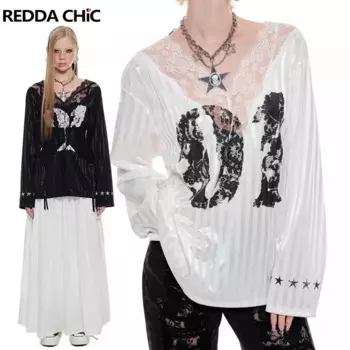 Женская Полосатая атласная футболка REDDACHiC с длинным рукавом и V-образным вырезом