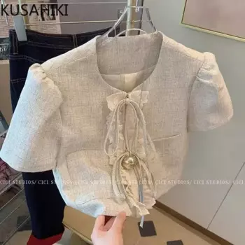 Женская рубашка с французскими пышными рукавами и кружевной завязкой, лето 2024, новый корейский стиль, короткий топ