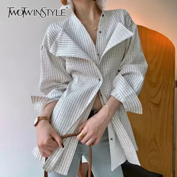 Женская рубашка с оборками TWOTWINSTYLE, белая Повседневная рубашка с отложным воротником и длинными рукавами, в полоску, корейский стиль, лоскутные