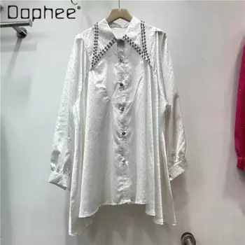 Женская свободная однобортная блузка с длинным рукавом и отложным воротником