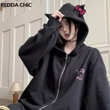 Женская толстовка на молнии REDDACHiC, черная толстовка с капюшоном с мультяшным котенком, кардиган с длинными рукавами и карманами, Y2k Grayu, пальто оверсайз