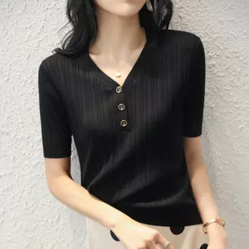 Женская тонкая Летняя трикотажная свободная футболка ice knit с коротким рукавом и V-образным вырезом