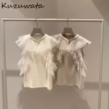 Женская универсальная шифоновая рубашка Kuzuwata, элегантная рубашка с воротником-стойкой и рукавами-бабочками, новая японская одежда с оборками, свежий топ из вуали