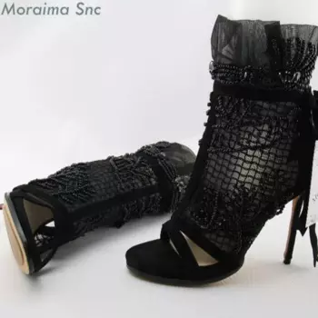 Женские босоножки со шнуровкой Moraima, черные босоножки на шнуровке, с оборками, ручной работы, с бусинами, женские сетчатые босоножки на высоком каблуке