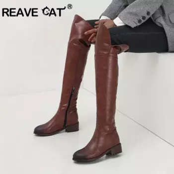 Женские ботфорты на каблуке REAVE CAT, черные длинные сапоги больших размеров 44, 45, 46, Botine, 2023