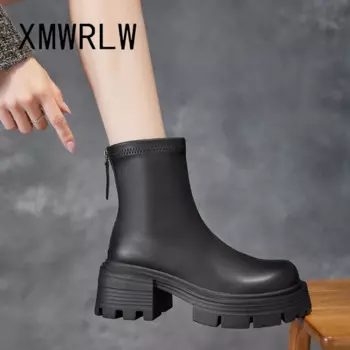 Женские ботильоны на квадратном каблуке XMWRLW, коллекция осень-зима 2023, кожаные ботильоны, Осенняя обувь, ботинки с резиновой подошвой