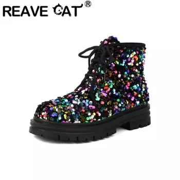 Женские ботильоны на массивном каблуке 3 см REAVE CAT, ботильоны на платформе 1 см с ремешком и блестками и круглым носком, большой размер 43, США 11