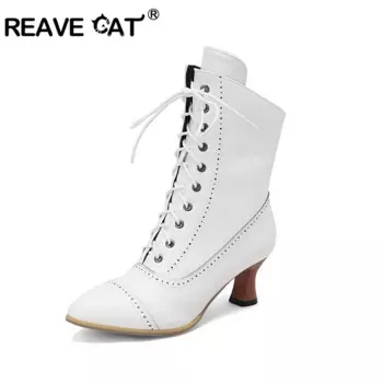Женские ботильоны с острым носком REAVE CAT, кожаные ботильоны на тонком каблуке 5,5 см, большие размеры США 13, США 16, 46, 47, 48, синего и черного цвета