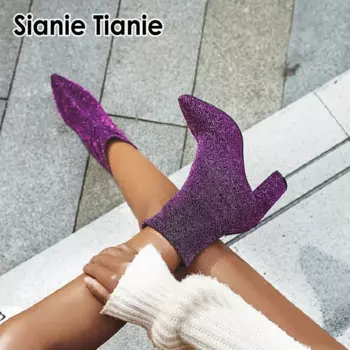 Женские ботильоны стрейч Sianie Tianie, сиреневые, серебристые, в клетку, с леопардовым принтом, на квадратном каблуке, сексуальный носок