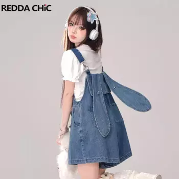 Женские джинсовые комбинезоны ReddaChic с милыми кроличьими ушками, однотонные комбинезоны без рукавов со звездами и заклепками и широкими штанинами, Повседневная летняя уличная одежда