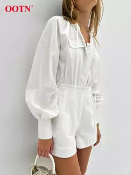 Женские хлопковые комбинезоны OOTN, модные белые комбинезоны на шнуровке с V-образным вырезом и пышными рукавами, однотонные шорты с широкими штанинами для отпуска, лето 2024