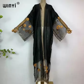 Женские кимоно WINYI, высококачественный Шелковый кардиган с вышивкой и длинным рукавом, женская блузка, свободная повседневная Пляжная накидка, Женский кафтан
