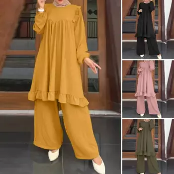 Женские костюмы с брюками мусульманская одежда Abaya из 2 предметов, повседневные арабские однотонные топы с рукавами, брюки, исламские костюмы, модная одежда, кафтан из Турции