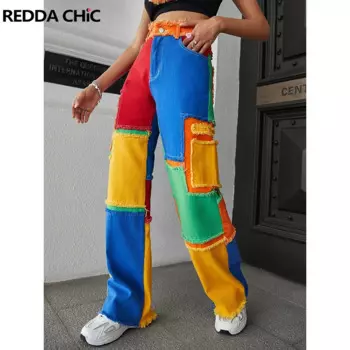 Женские мешковатые джинсы ReddaChic в стиле пэчворк с необработанными краями, Y2k, контрастные Свободные повседневные прямые широкие брюки с высокой талией, праздничные брюки