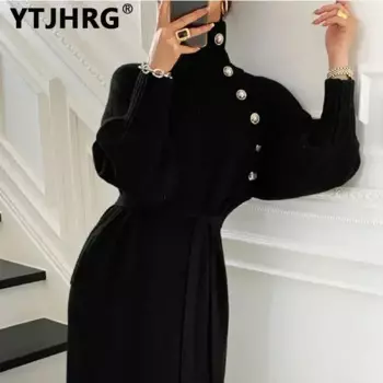 Женские платья-свитера YTJHRG, трикотажная женская одежда с высоким воротником, корейская мода, уличная одежда с длинным рукавом, новинка 2024, осень-зима