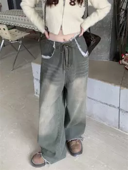 Женские широкие зеленые джинсы Old Burrs Design, шикарные повседневные брюки для девочек, женские свободные прямые джинсовые брюки с высокой талией