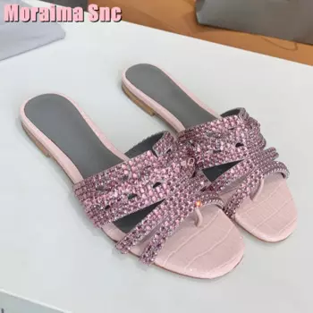 Женские шлепанцы на плоской подошве, розовые однотонные шлепанцы с круглым носком, без застежки, с кристаллами, лето 2024