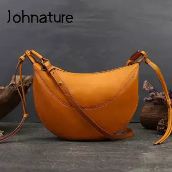 Женские сумки через плечо Johnature, из натуральной воловьей кожи, универсальные винтажные однотонные сумки на ремне