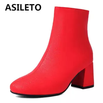 Женские свадебные ботильоны ASILETO, круглый носок, блочные каблуки 6,5 см, на молнии, размера плюс 46 47 48, сексуальные женские ботинки для офиса