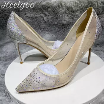Женские туфли-лодочки с острым носком Heelgoo стразы, элегантные летние туфли из марлевой ткани на высоком каблуке, Серебристые свадебные туфли-лодочки