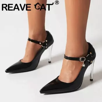 Женские туфли с острым носком REAVE CAT, брендовые туфли-лодочки на тонком каблуке высотой 10 см, привлекательные праздничные туфли с ремешком и пряжкой, 46, 47, 48
