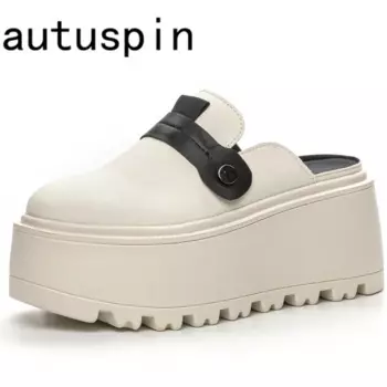 Женские уличные шлепанцы на танкетке AUTUSPIN, модные летние туфли без задника с круглым носком, женские туфли из натуральной кожи на платформе для лета, 2024