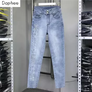 Женские узкие брюки-карандаш с надписью Blingbling, новые весенне-летние тонкие джинсы до щиколотки с высокой талией